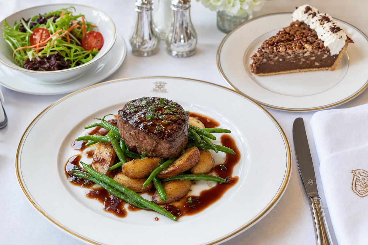 Plated VIP lunch: filet mignon with fingerling potatoes, haricot vert, house salad and Derby pie