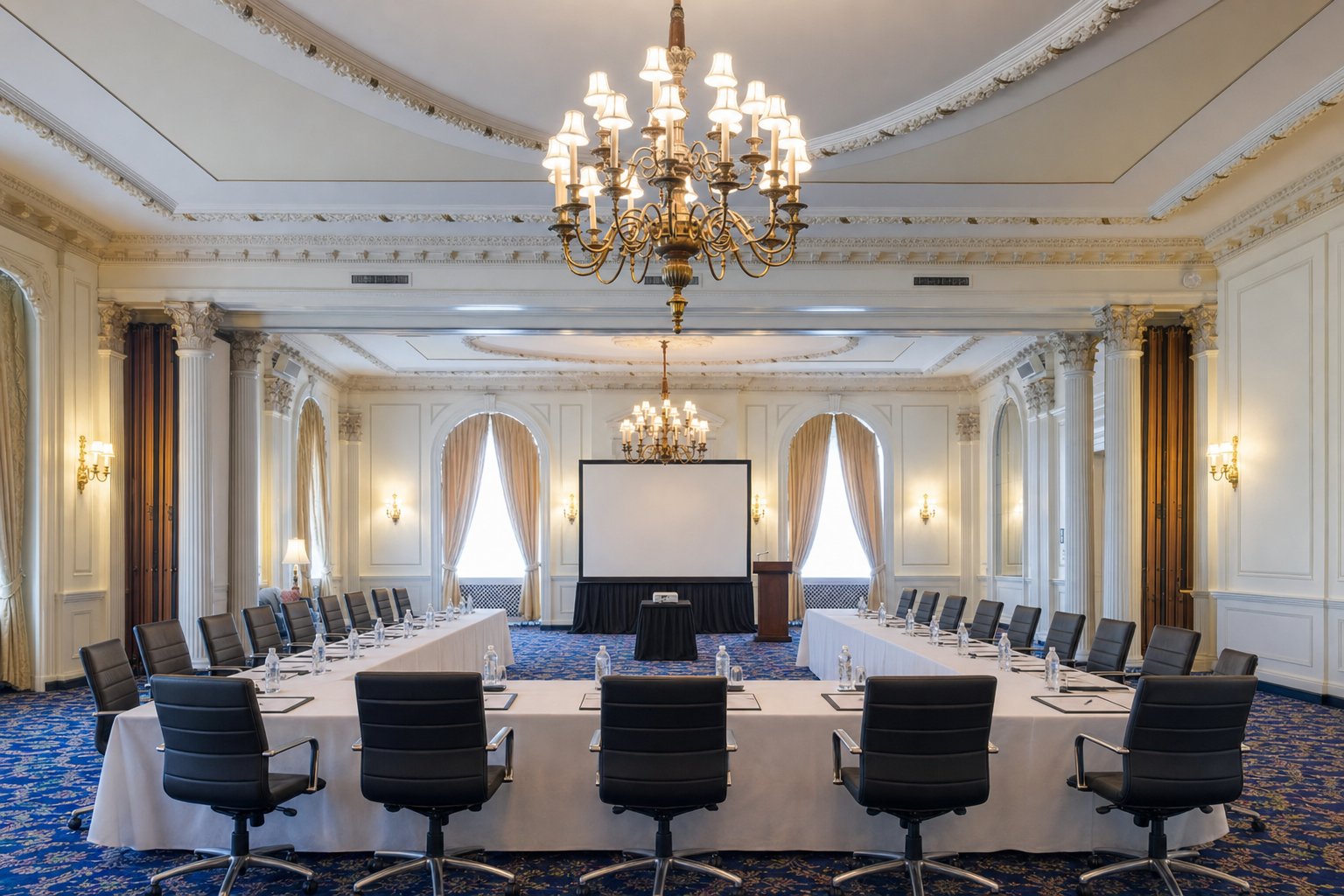 The Pendennis Club ballroom set up in a U-shape for the IGNITE AI Accelerator workshop, Louisville KY
